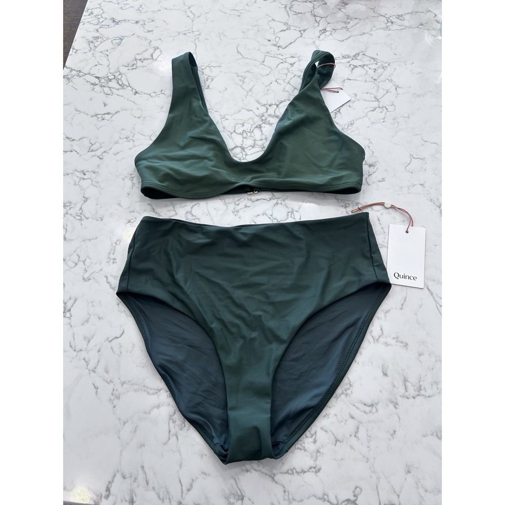 NWT Quince Palm Green Italian Plunge Bikini Top & High Rise Bottom Set Large